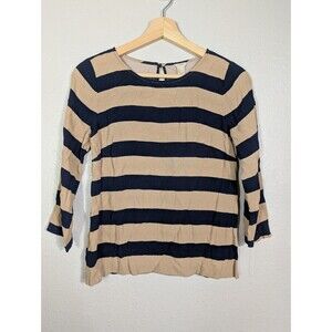 J. Crew Womens Sz 4 Xs Striped Tan Navy Top Blouse 3/4 Sleeves Button Closure 01